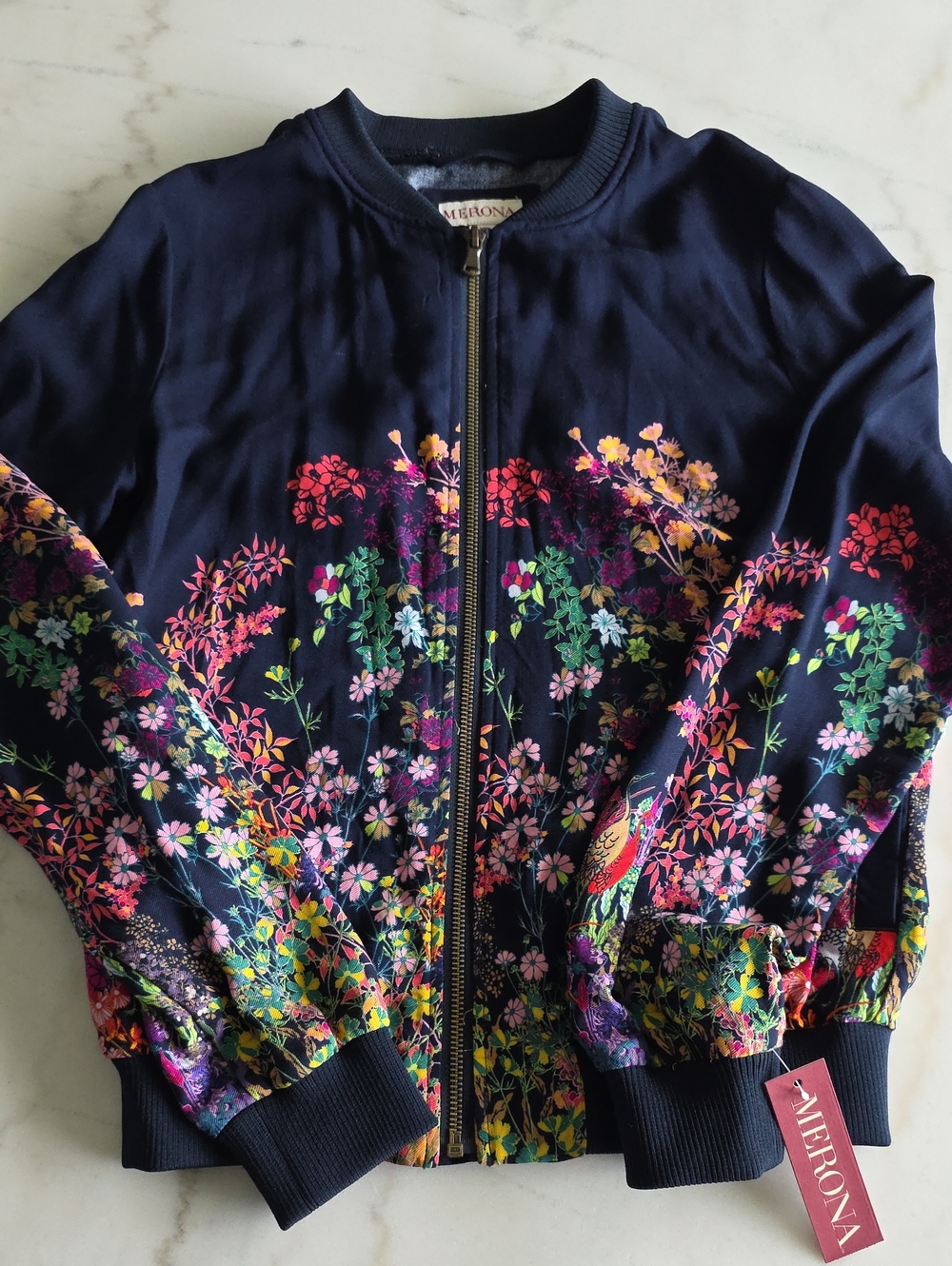 Merona Navy Floral Bomber Jacket with Multicolor Garden Print